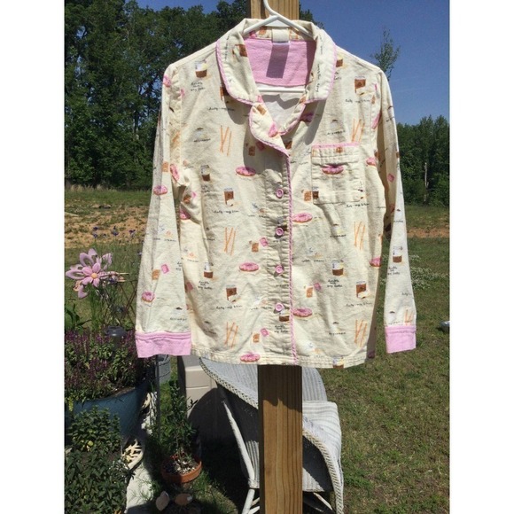 Munki Munki small flannel pajama top pjs sleepware coffee donut cream pink - Picture 1 of 9
